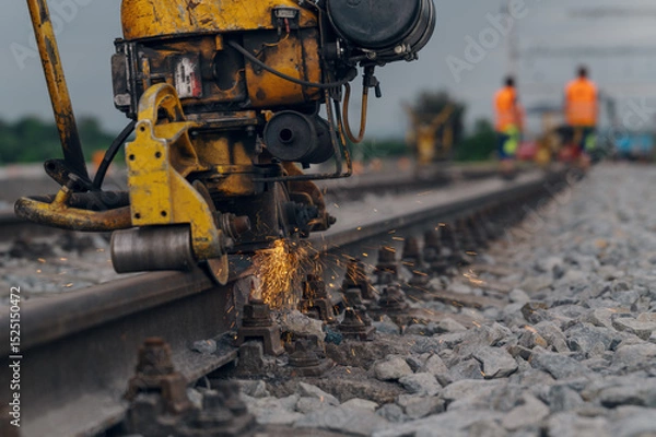 Fototapeta A worker in the process of a railroad track weld repair, reconstruction with a freight train passing