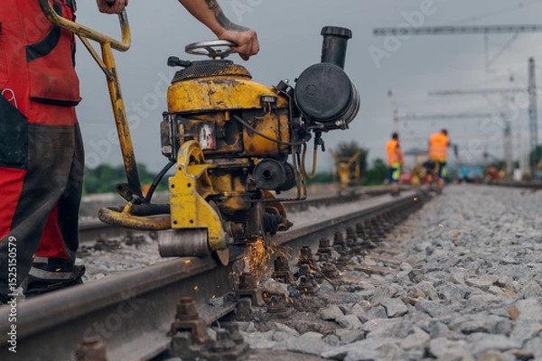 Fototapeta A worker in the process of a railroad track weld repair, reconstruction with a freight train passing