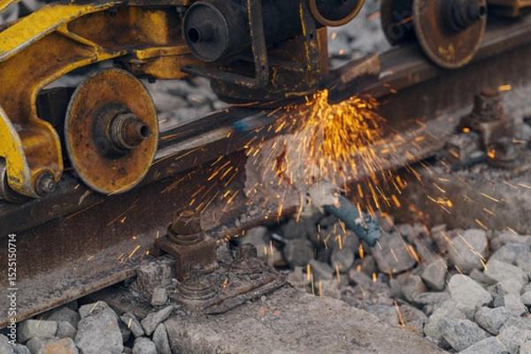 Fototapeta A worker in the process of a railroad track weld repair, reconstruction with a freight train passing