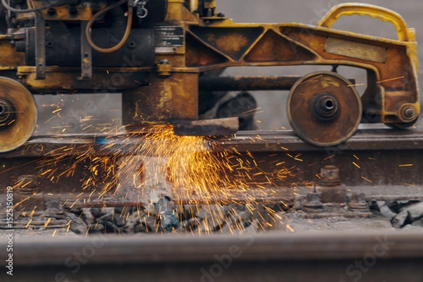 Fototapeta A worker in the process of a railroad track weld repair, reconstruction with a freight train passing