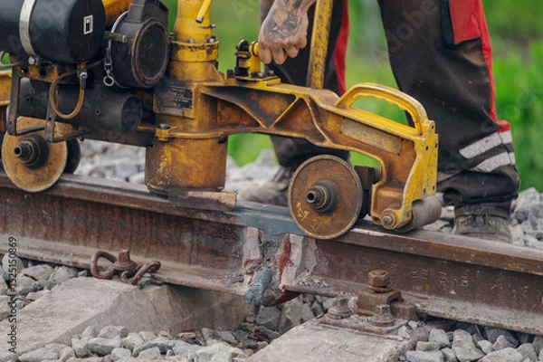 Fototapeta A worker in the process of a railroad track weld repair, reconstruction with a freight train passing