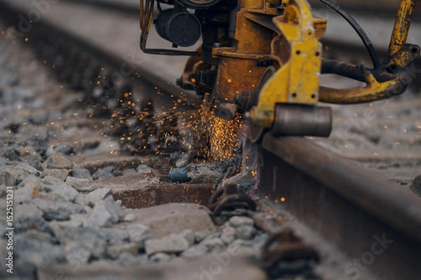 Fototapeta A worker in the process of a railroad track weld repair, reconstruction with a freight train passing