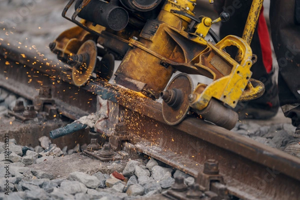 Fototapeta A worker in the process of a railroad track weld repair, reconstruction with a freight train passing