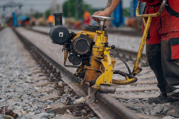 Fototapeta A worker in the process of a railroad track weld repair, reconstruction with a freight train passing