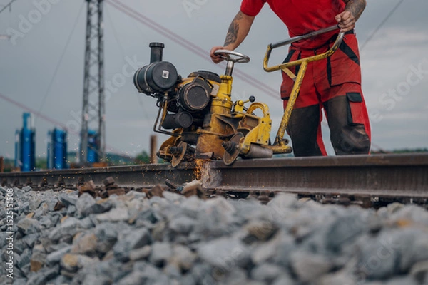 Fototapeta A worker in the process of a railroad track weld repair, reconstruction with a freight train passing