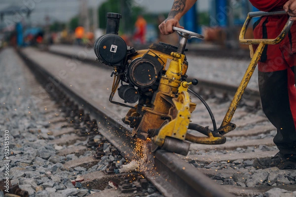 Fototapeta A worker in the process of a railroad track weld repair, reconstruction with a freight train passing