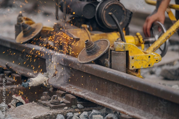 Fototapeta A worker in the process of a railroad track weld repair, reconstruction with a freight train passing