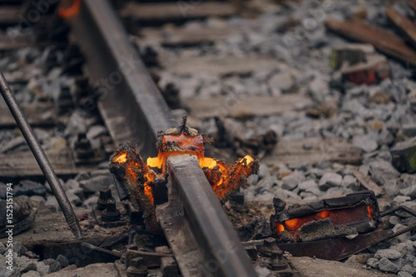 Fototapeta A worker in the process of a railroad track weld repair, reconstruction with a freight train passing