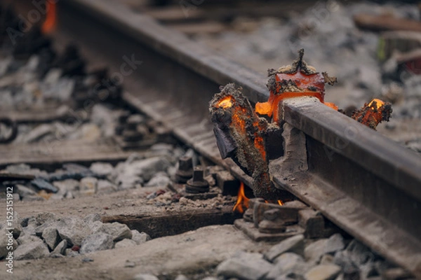 Fototapeta A worker in the process of a railroad track weld repair, reconstruction with a freight train passing