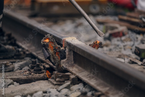 Fototapeta A worker in the process of a railroad track weld repair, reconstruction with a freight train passing