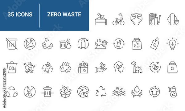 Fototapeta Zero Waste set of web icons in line style. A collection of eco linear icons, including recycling, waste management, composting, trash, pollution, landfill, composting, waste sorting. Editable stroke