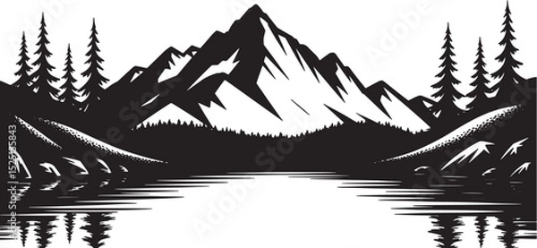 Fototapeta Mountain with pine trees and landscape black on white background