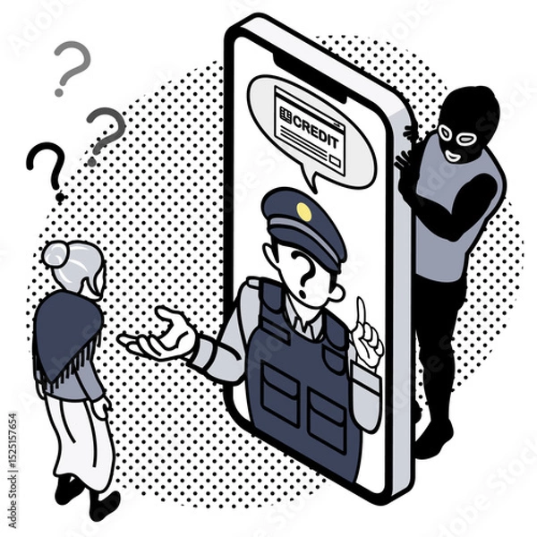Fototapeta 特殊詐欺 - クレジットカードを要求するスマホの中の偽警察官とシニア女性　様子を伺う詐欺師