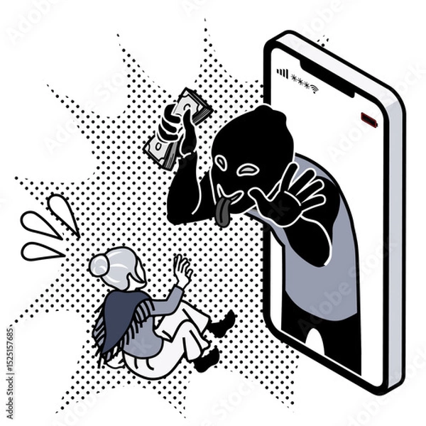 Obraz 特殊詐欺 - 騙された事に気付くシニア女性と奪った金を手にして笑う詐欺師