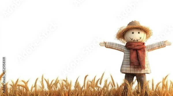 Fototapeta Scarecrow in a wheat field against a white background