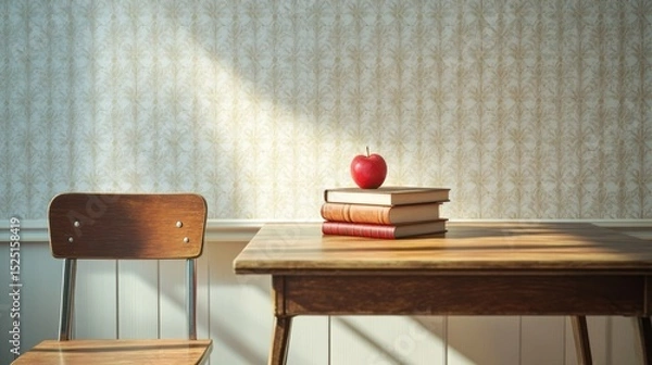 Fototapeta Books and apple on a table in a sunlit room