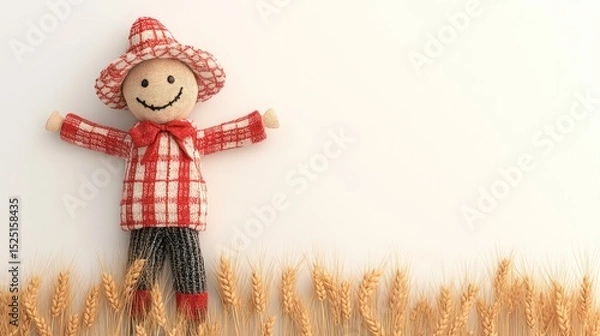 Fototapeta Scarecrow in wheat field, cheerful pose