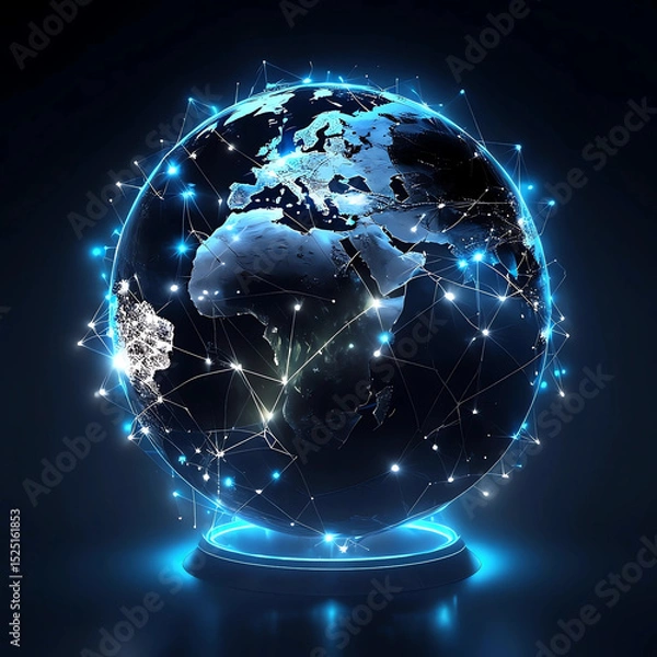 Obraz Glowing Digital Earth with Global Network Lights Digital Illustration