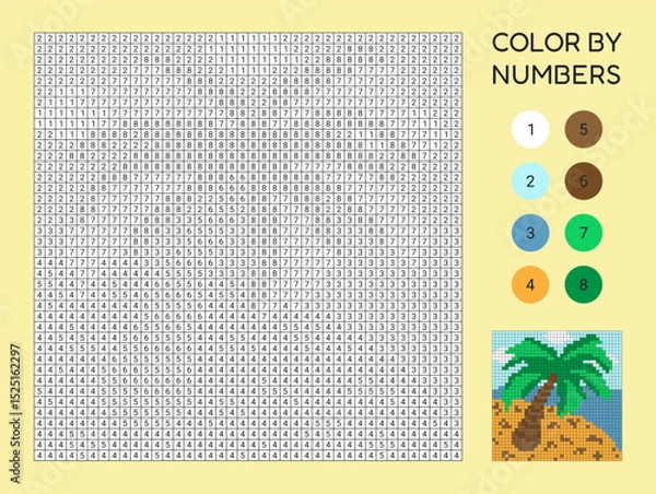 Fototapeta Vector kids puzzle, coloring by numbers with palm tree. Fun coloring and counting game, printable worksheet for children.