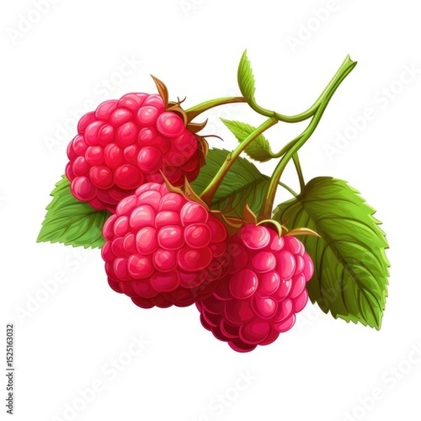 Fototapeta Vibrant cartoon wild raspberries on a branch showcasing their fresh, juicy appeal and lush green leaves