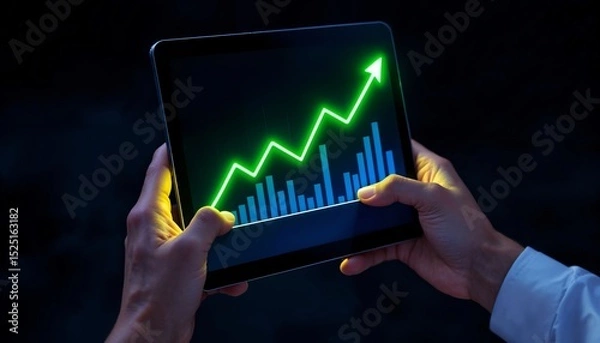 Fototapeta Financial Growth in Hand: A pair of hands gracefully cradles a digital tablet, the screen illuminating a vibrant green graph indicating financial growth