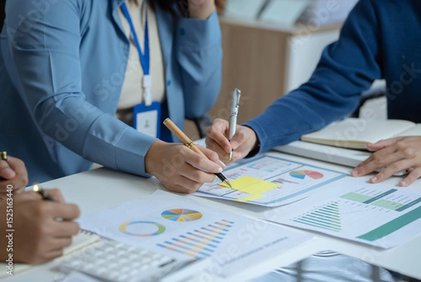 Fototapeta Business team present. professional investor working new start up project. tablet laptop computer with digital marketing media in design Finance managers meeting.