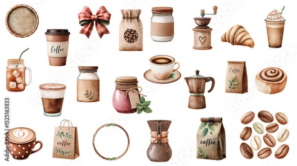 Obraz Warm aromas and cozy mornings fill this delightful watercolor collection, perfect for cafe branding, invitations, or adding a touch of comfort to any design.