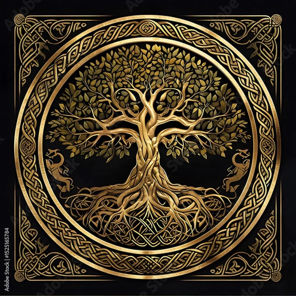 Obraz Celtic Tree of Life with Ornate Gold Circle Frame Digital Illustration