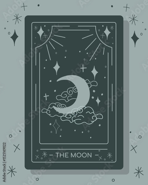Fototapeta Minimalist tarot card illustration depicting "The Moon" with crescent moon, clouds, and stars in soft gray tones