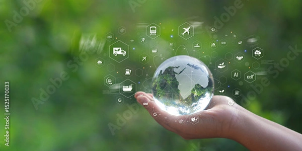 Fototapeta Crystal globe in hand, global transportation concept, net zero logistics, green energy, sustainable development and green global transportation.