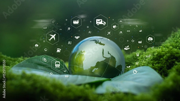Fototapeta Green Logistics, Global Transport, Net Zero Logistics, Green Energy, Sustainable Development and Green Global Transport