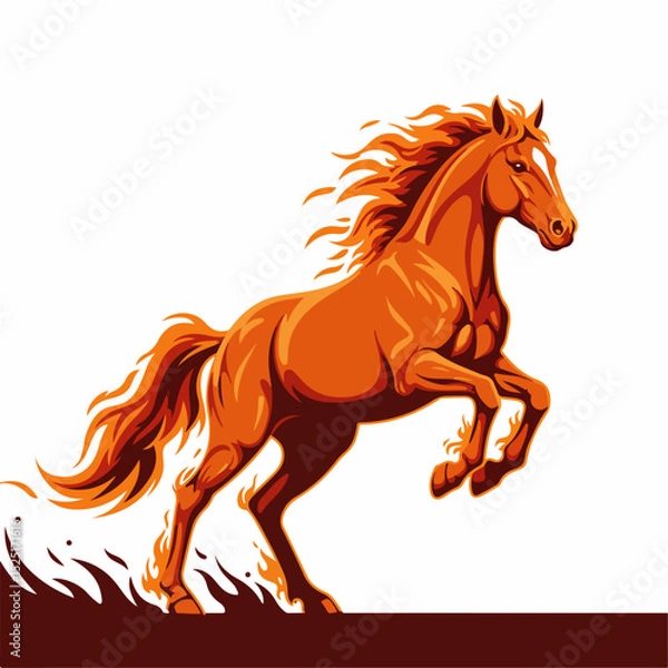 Fototapeta Fiery horse symbol of 2026 year.  Majestic fiery horse rearing up with flowing mane and tail.  Intense orange and brown hues create dynamic image.
