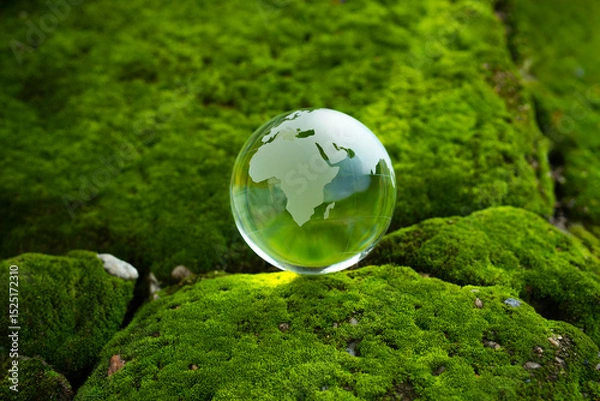 Fototapeta Environmental concept - Crystal Earth on green moss in forest to protect nature. Environmental care, Ecology, Earth Day.