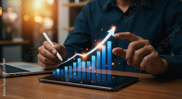 Fototapeta Businessman analyzing growth data on digital tablet with stylus. Concept of financial success, increasing profits, and modern business strategy with glowing bar chart and upward arrow
