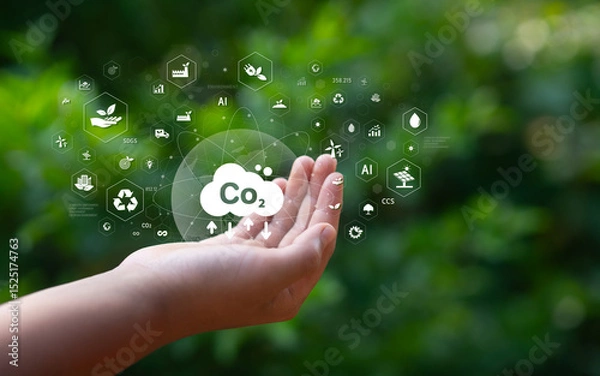 Fototapeta Sustainability and Green Business, Globe in Hand, Carbon Reduction, CO2 Concept, Net Carbon Emission Target