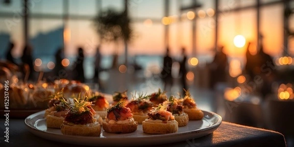 Fototapeta Gourmet canapés platter in sharp focus. In the soft background, silhouettes mingle at a corporate event by a sunset window, creating a warm bokeh.