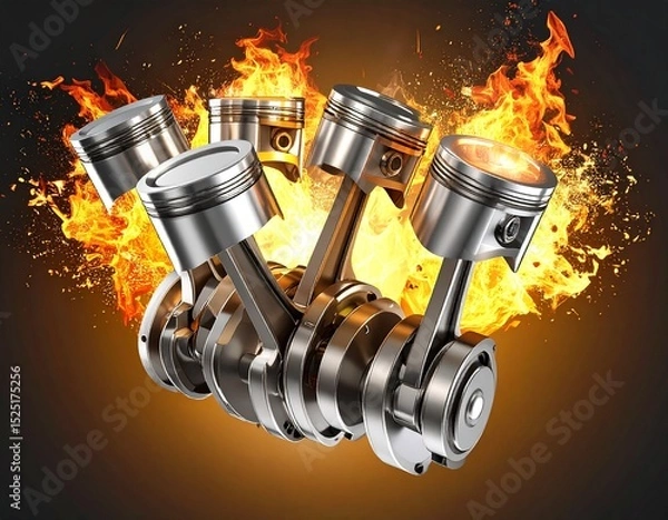 Fototapeta 3d model of a working V8 engine with explosions. Pistons and other mechanical parts are in motion.
