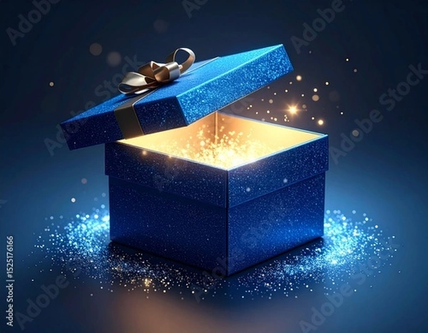 Fototapeta 3D blue mystery box with Illuminated lighting glitter on dark background