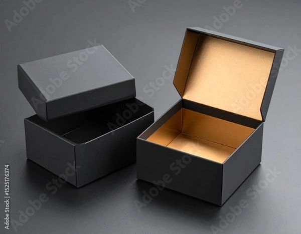 Fototapeta Two Black Boxes Mockup with golden wrapping paper, opened and closed on black background