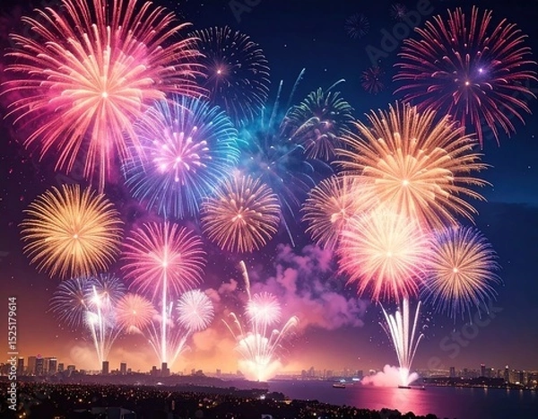 Fototapeta Colorful fireworks explode over city skyline at night