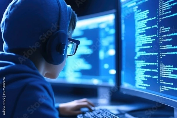 Obraz Young programmer coding at multiple monitors in a dimly lit room during late night hours