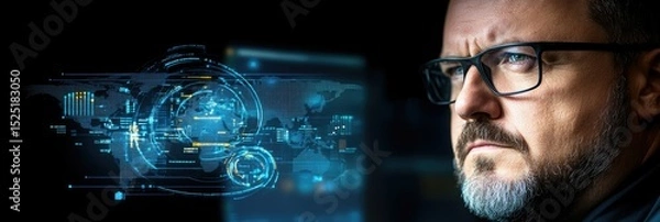 Obraz Focused analyst monitors data visualizations on a digital interface in a dark office environment