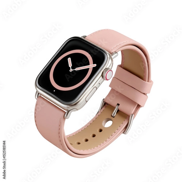 Obraz Elegant pink smartwatch with round display showing time on isolated background for modern technology applications