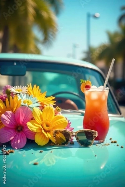 Obraz A vibrant summer scene featuring a car's hood adorned with colorful flowers, sunglasses, and a refreshing beverage, embodying carefree summer vibes , drink, cool, holiday