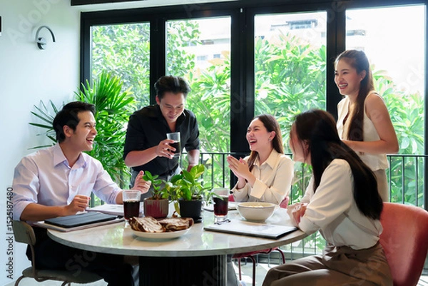 Obraz Asian Business Meeting Teamwork Collaboration Success Celebration Happy Adult People in Modern Office with Window for Corporate Strategy and Communication