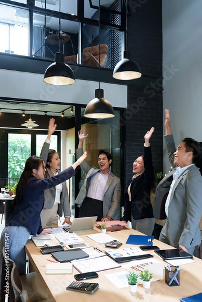 Obraz Asian Business Team Success Celebration in Modern Office Corporate Achievement High Five Startup Collaboration Adult Professionals Project Goal Triumph