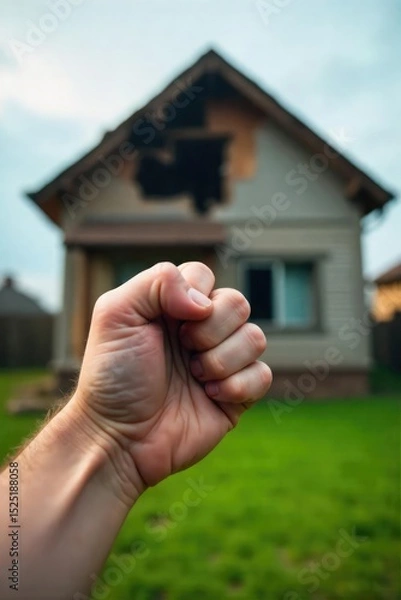 Obraz Close-up of a determined fist clenching, knuckles white, against a blurred backdrop of a damaged house, symbolizing the struggle to protect one's home , fight, conflict, tenacity