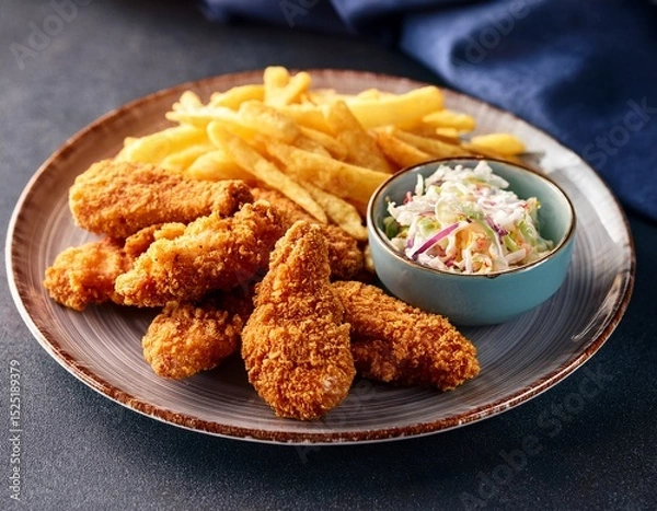 Fototapeta plate of crispy chicken tenders with fries and coleslaw for january promotion