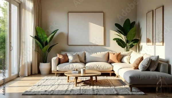Fototapeta Relaxing scene of a living room with a comfortable layout, ideal for lounging and unwinding  Natural light streams in, highlighting cozy textures and inviting atmosphere , magazines, remote