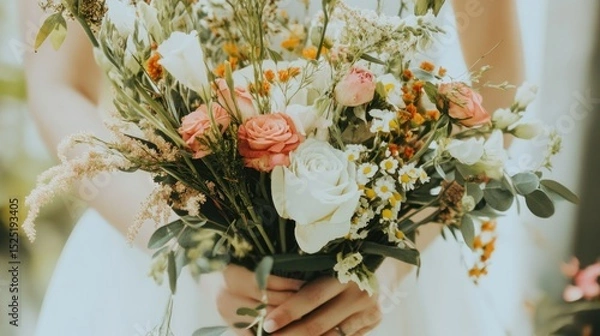 Fototapeta Delicate floral arrangement held by a person, featuring soft color palette